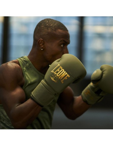 Discover the Leone Military Edition Boxing Gloves: Matt Green & Gold