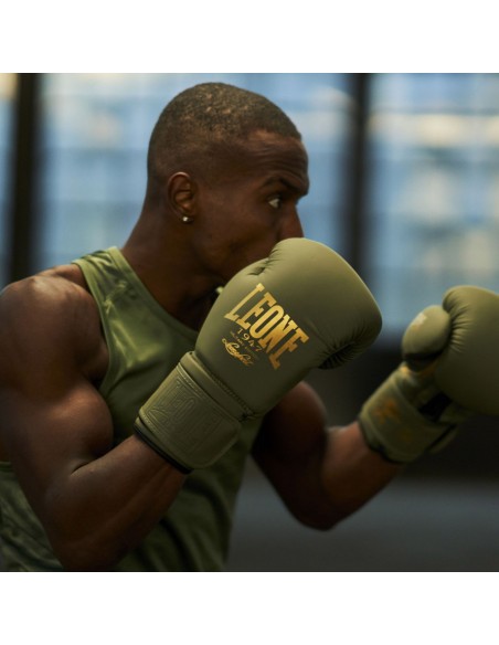 Discover the Leone Military Edition Boxing Gloves: Matt Green & Gold