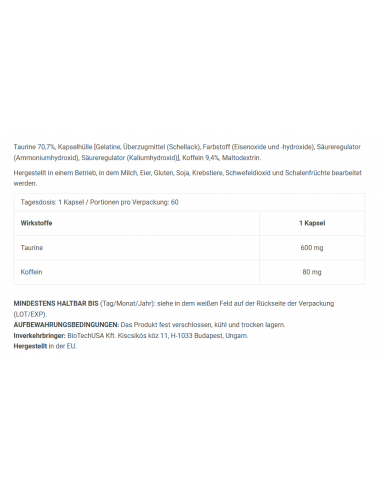 Acheter Caffeine - Gélules de Taurine - BioTech USA dans notre boutique en ligne suisse
