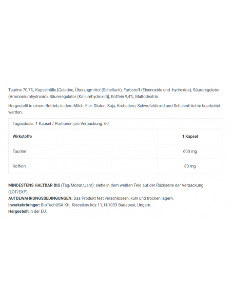 Acheter Caffeine - Gélules de Taurine - BioTech USA dans notre boutique en ligne suisse