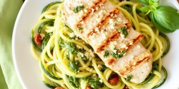 Saines et délicieuses - Pâtes aux courgettes avec du pesto et du poulet