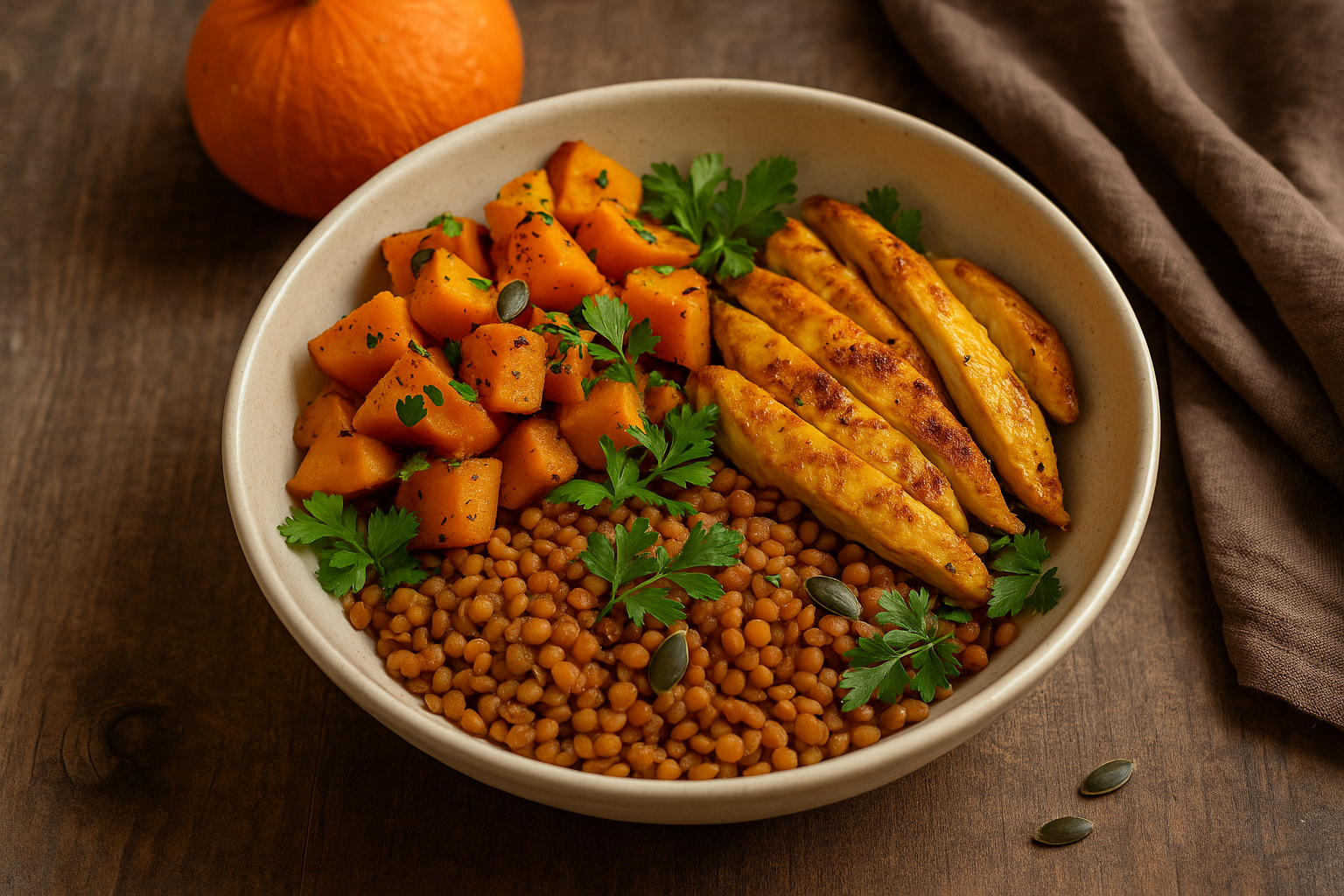 Proteinreiche Kürbis-Linsen-Bowl mit Hähnchen